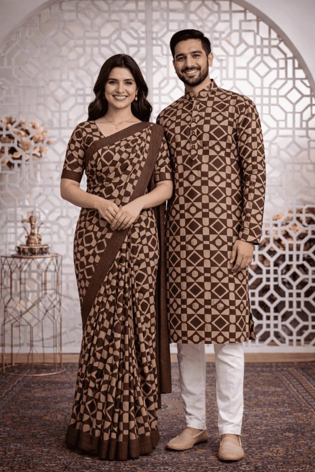 Elegant Brown Matching Saree & Panjabi Set (Code: 1008)