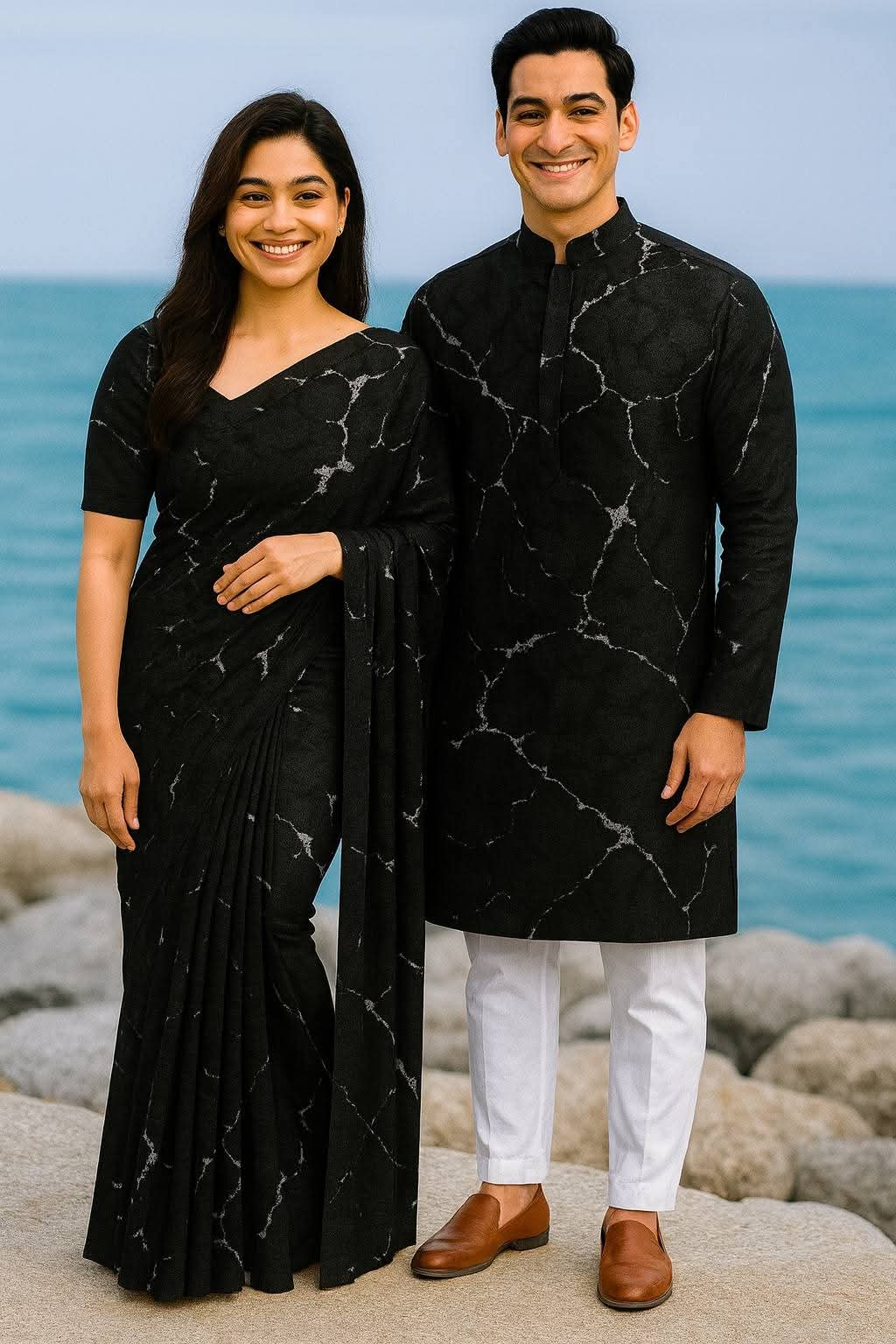 Elegant Black Matching Saree & Panjabi Set (Code: 1015)