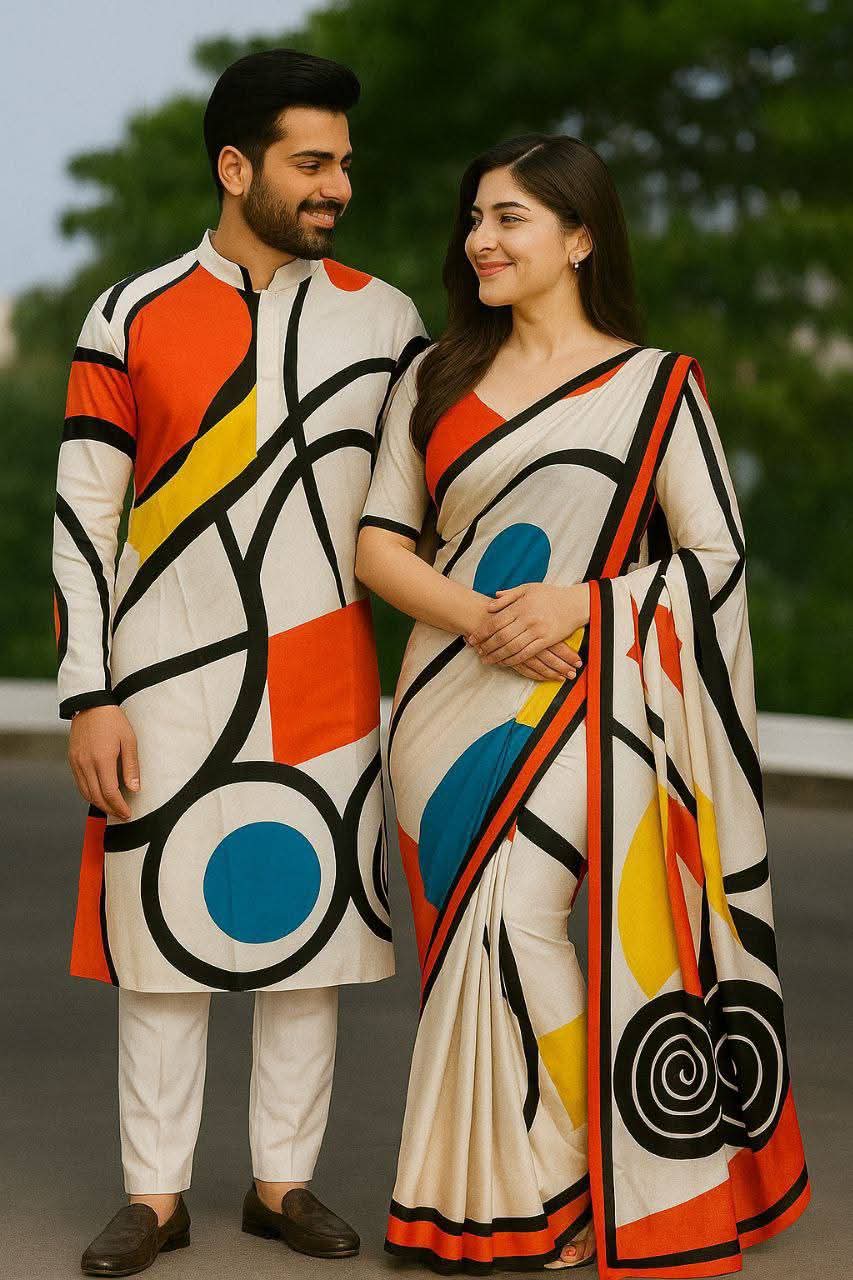 Elegant  Matching Saree & Panjabi Set (Code: 1017)