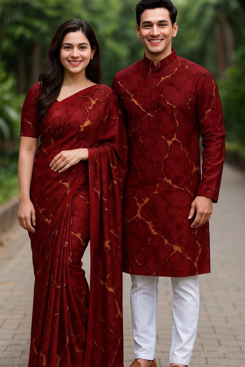 Elegant Deep Red Matching Saree & Panjabi Set (Code: 1006)